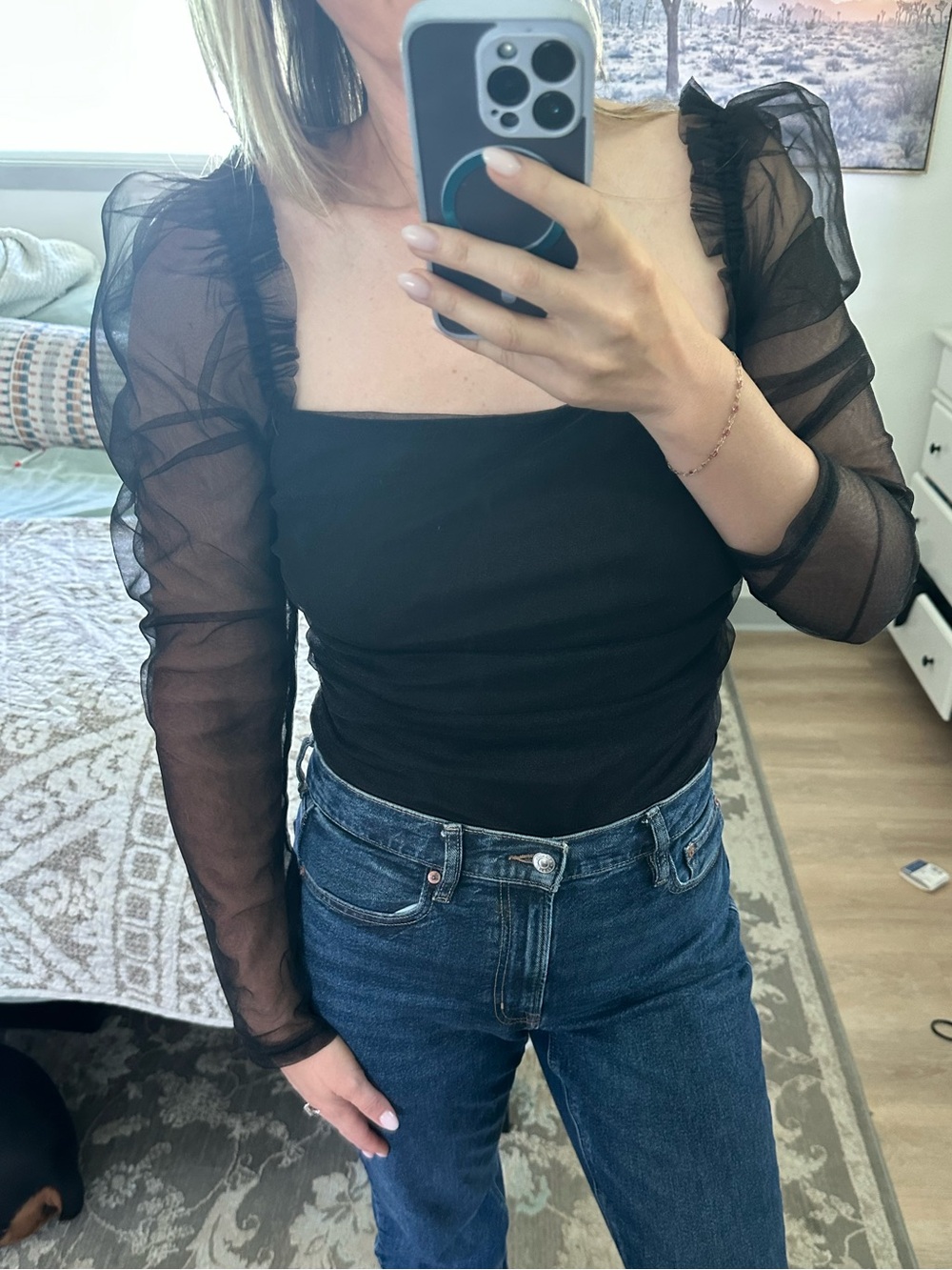 Lulu's Black Square Neck Puff-Sleeve Mesh Top